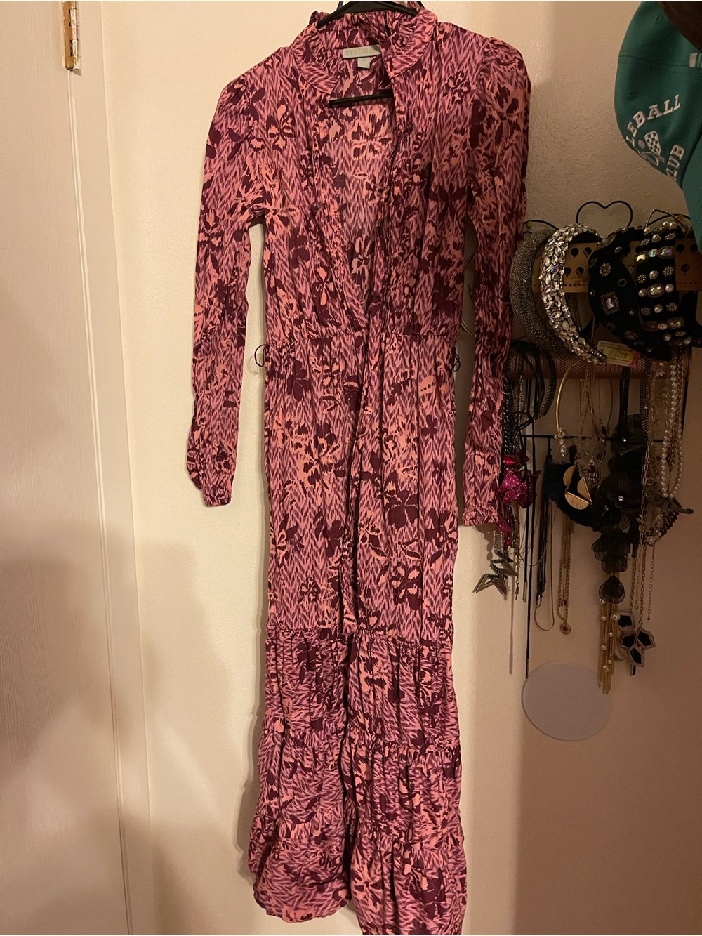 Pink Patterned Long Sleeve Tiered Maxi Dress